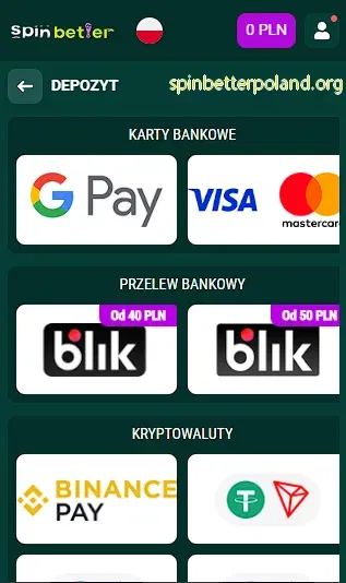 Metody wpłat w SpinBetter Polska