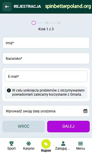 Rejestracja SpinBetter przez e-mail – krok 1